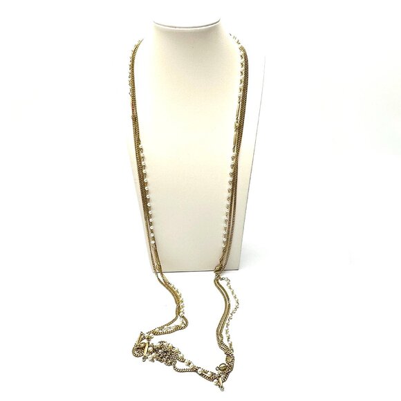 Long 47" Triple-Strand Gold & Pearl Necklace — Vintage 1960s-70s Elegance – EUC - Picture 1 of 8